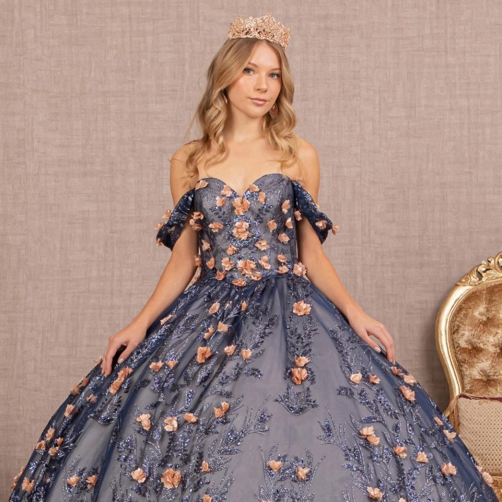NEW FLOOR LENGTH BALL GOWN WITH FLORAL 3D APPLIQUE GLITTER & LACE UP BACK GL3106